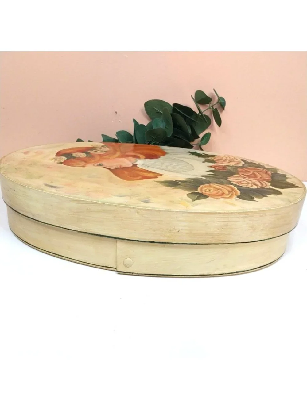 Hand-Painted Wooden Oval Storage Box Folk Art Victorian Lady Roses 1993
